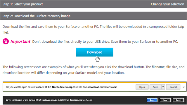 Imagini de recuperare Microsoft Surface RT prin Surface Pro 3