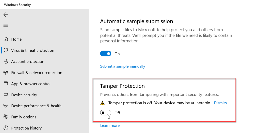 Protecția împotriva manipulării activată sau dezactivată pe Windows 11
