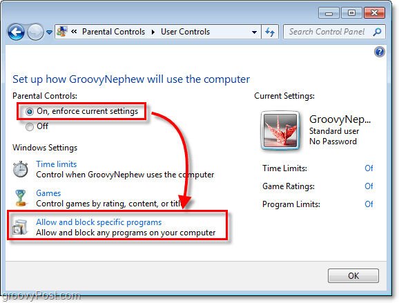 activați controalele parentale în Windows 7 pentru un anumit utilizator și apoi permiteți și blocați programe specifice