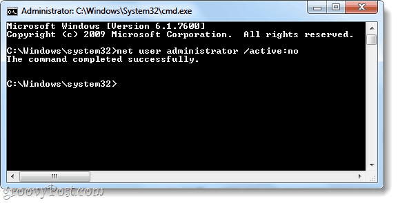 comanda utilizator net pentru a dezactiva contul de administrator Windows 7