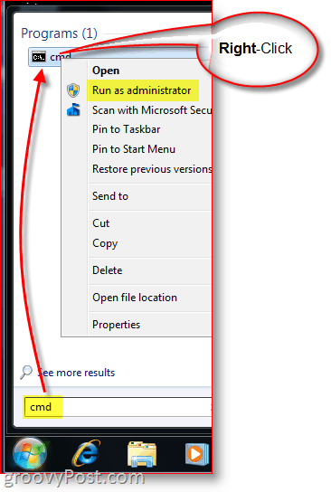 Lansați CMD - prompt de comandă Windows ca administrator cu clic dreapta