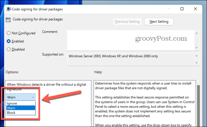 meniul drop-down opțiuni de semnare a codului Windows 11