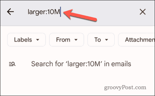 Setarea criteriilor de dimensiune a e-mailului în bara de căutare Gmail pe mobil