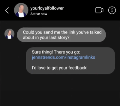 exemplu de mesaj direct pe Instagram cu un link inclus în răspunsul la mesaj