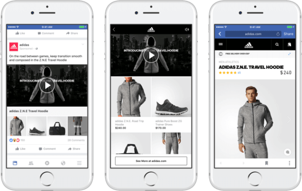 Cu noua colecție de anunțuri Facebook, mărcile pot prezenta un videoclip sau o imagine primară care să ducă la o experiență de cumpărături imersivă, cu încărcare rapidă pe Facebook. 