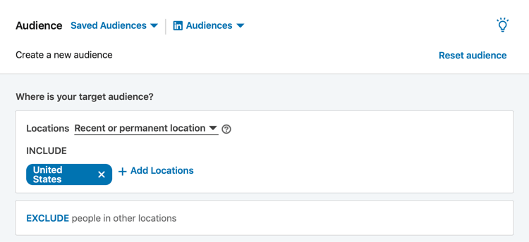 Secțiunea de public LinkedIn în timpul configurării campaniei