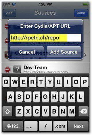 Introduceți URL-ul APT Cydia