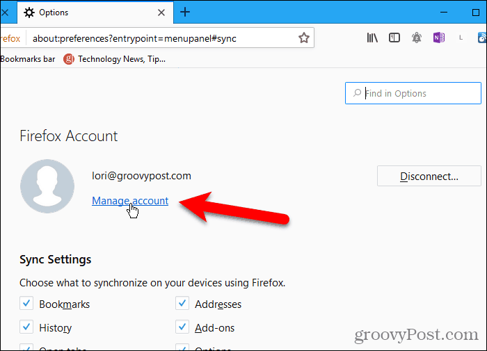 Faceți clic pe Gestionare cont în Firefox pentru Windows