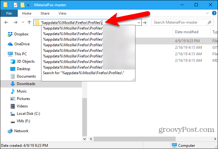 Lipiți calea profilului în File Explorer