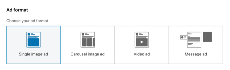 captură de ecran a opțiunii Single Image Ad selectată pentru formatul de anunț LinkedIn