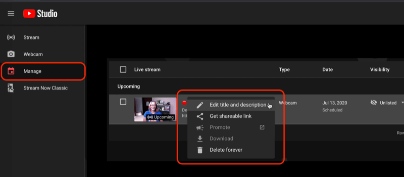 youtube studio accesați meniul live sub meniul de gestionare, afișând fluxuri live programate și opțiunile de editare a setărilor video sau de a obține un link care poate fi distribuit