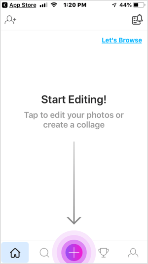 Atingeți butonul + din aplicația mobilă PicsArt.