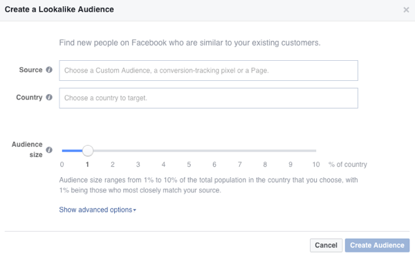 Veți vedea aceste opțiuni atunci când creați un public asemănător Facebook.