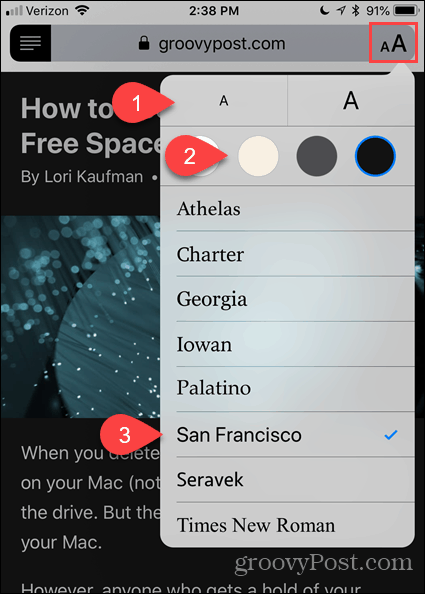 Schimbați fontul și culoarea în Viewer Reader în Safari pentru iOS