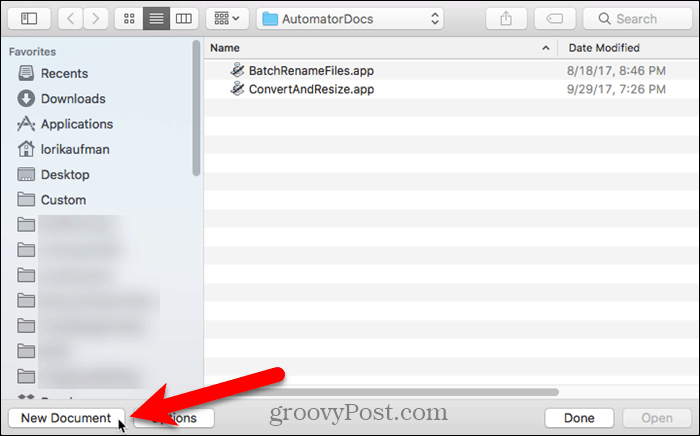 Faceți clic pe Document nou în Automator pe Mac