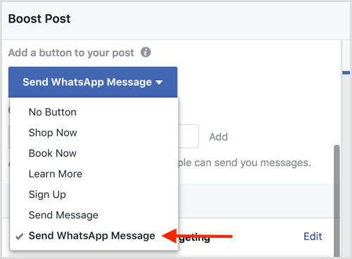 Selectați opțiunea Trimiteți mesajul WhatsApp când creșteți o postare pe Facebook.