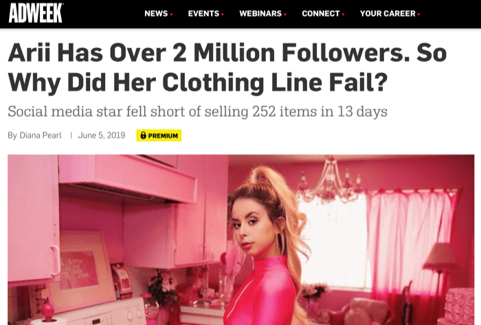 Influențierul Instagram Arri cu 2 milioane de adepți nu a reușit să vândă linia de îmbrăcăminte