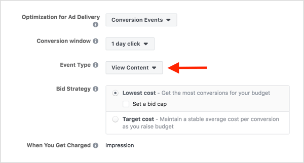 Optimizați setul de anunțuri Facebook pentru Vizualizarea conținutului.