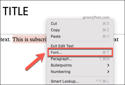Accesarea meniului de opțiuni Fonturi din Powerpoint pe Mac