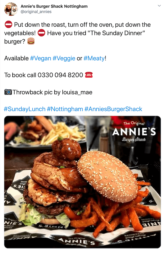 captură de ecran a postării pe Twitter de @original_annies cu o imagine a unui burger și cartofi prăjiți sub o descriere atrăgătoare, numărul lor de telefon, creditul de imagine și hashtag-urile