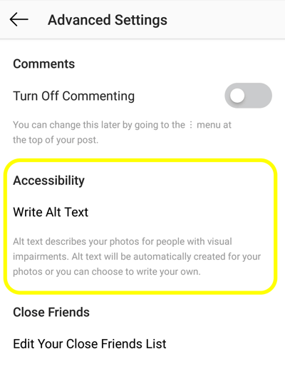 Cum se adaugă text alternativ la postările Instagram, pasul 2, opțiunea de accesibilitate a postărilor Instagram pentru a seta eticheta alt