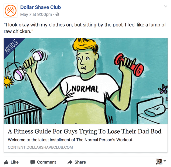 Dollar Shave Club partajează conținut relevant și inteligent pe pagina sa de afaceri Facebook.
