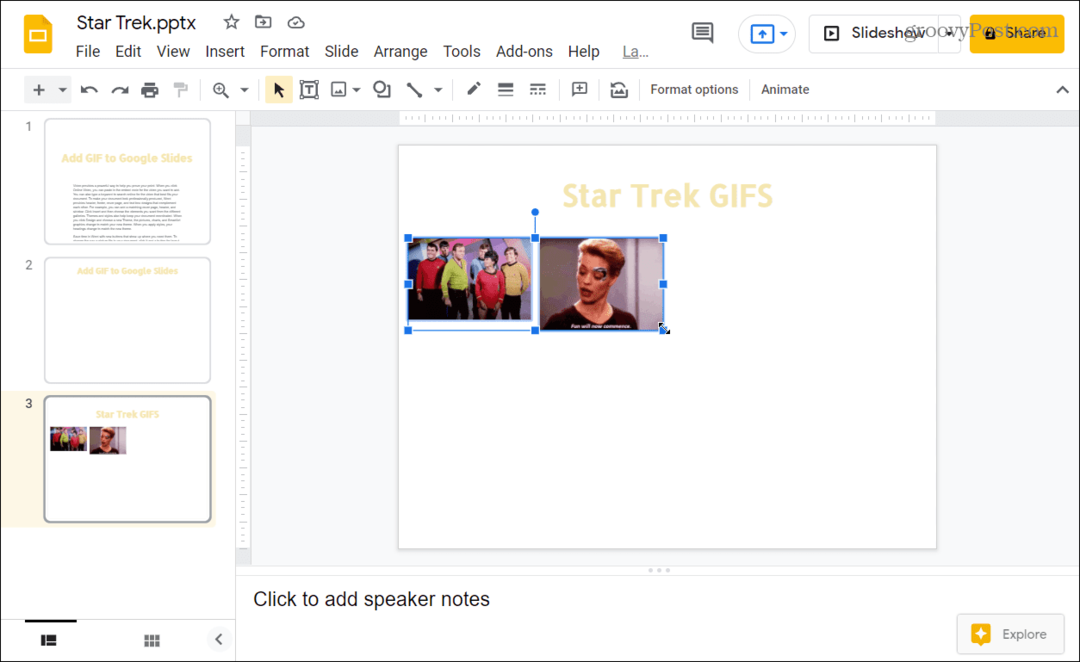 GIFS inserat în prezentarea Google Slides