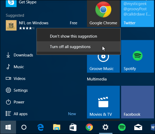 Meniul Start Windows 10 Dezactivați aplicațiile sugerate