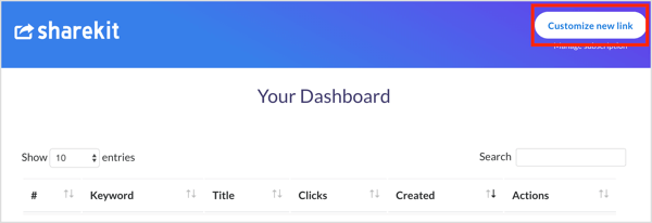Faceți clic pe butonul Personalizați linkul nou din ShareKit.