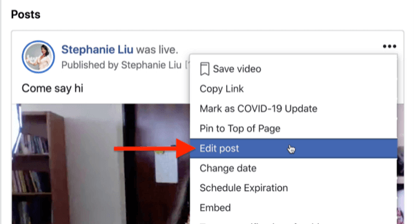 opțiune pentru a edita postarea fluxului live Facebook sub meniul cu trei puncte din colțul din dreapta sus al postării fluxului