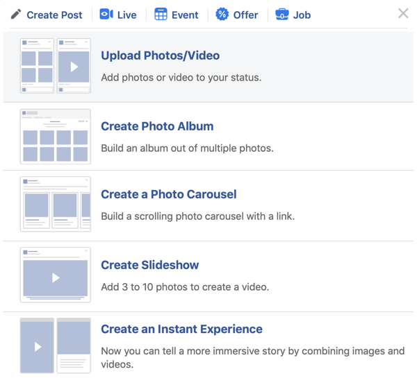 Cum se configurează Facebook Premiere, pasul 2, se încarcă opțiunea foto / video