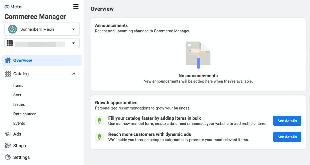 imaginea ecranului Meta Commerce Manager Overview