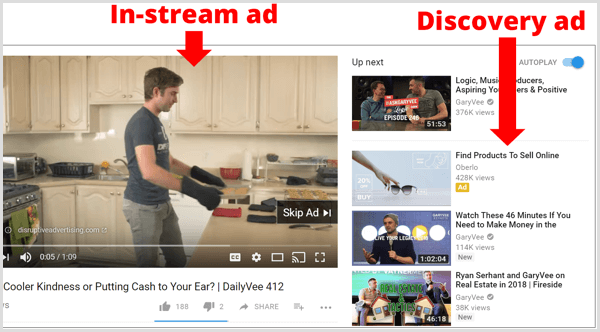 Exemple de anunțuri AdWords in-stream și descoperire pe YouTube.
