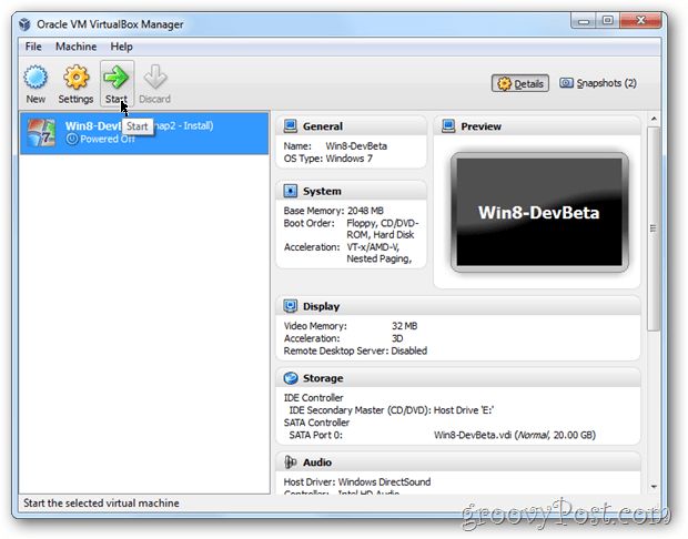 VirtualBox Windows 8 pornește vm