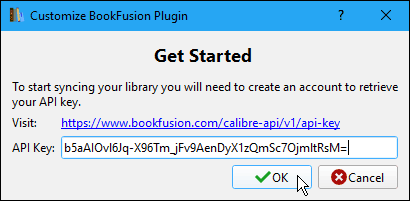 Introduceți cheia API în caseta de dialog Personalizare BookFusion Plugin din Calibru