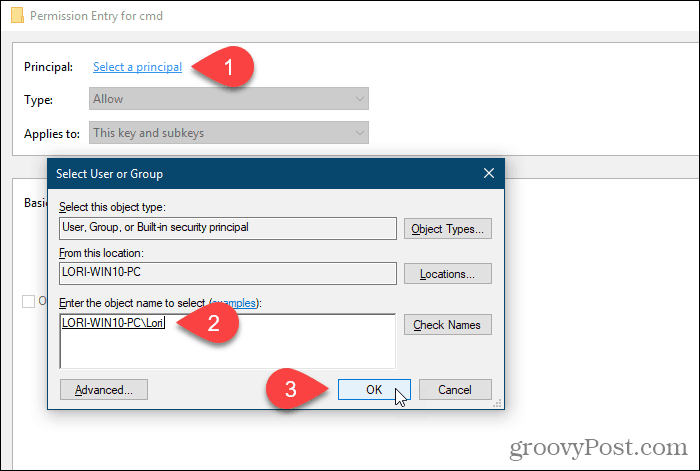 Faceți clic pe Selectați un principal și selectați un utilizator sau un grup pentru permisiunile din Registrul Windows