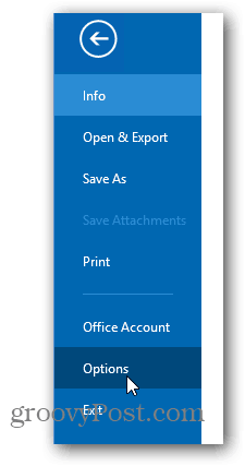 Tema de modificare a culorii Office 2013 - faceți clic pe opțiuni