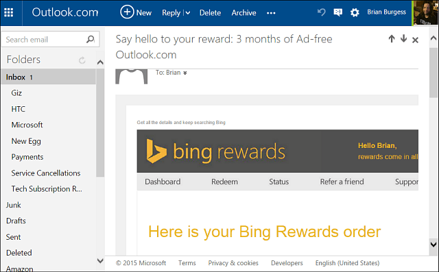 Obțineți Oultook.com fără anunțuri pe tot parcursul anului cu recompense Bing