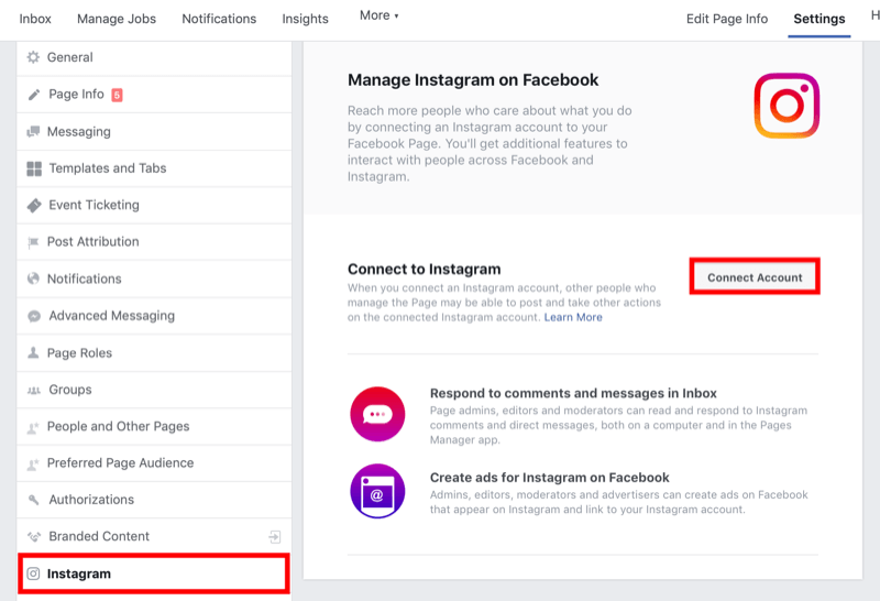 cum să conectați pagina Facebook la contul de afaceri Instagram în setările paginii Facebook