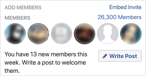 Faceți clic pe Scrieți postarea pentru a întâmpina noi membri ai grupului Facebook.