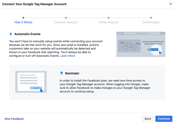 Utilizați Google Tag Manager cu Facebook, pasul 6, butonul Continuare atunci când conectați Google Tag Manager la contul dvs. Facebook