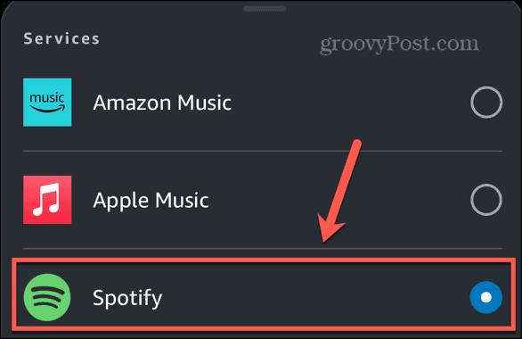 alexa selectează spotify ca serviciu implicit