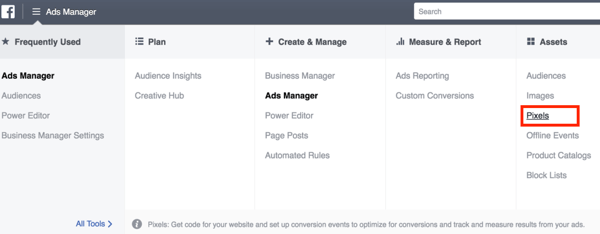 Pentru a configura pixelul Facebook, deschideți Managerul de anunțuri pentru al selecta.