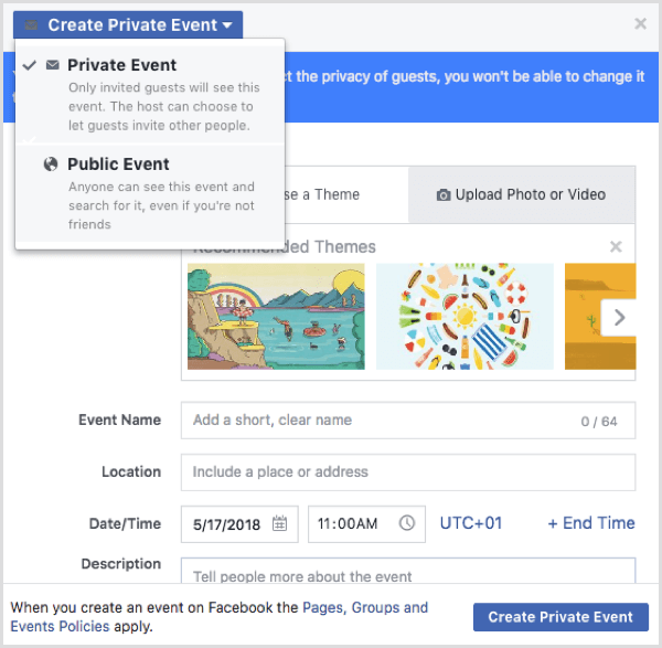 Opțiunile evenimentului Facebook atunci când creați un eveniment dintr-un profil Facebook
