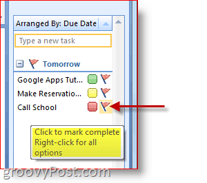 Bara de activități din Outlook 2007 - Faceți clic pe Semnalul sarcinii pentru a marca finalizată