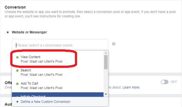 Dacă ați selectat Conversii ca obiectiv publicitar Facebook Messenger, alegeți un eveniment de conversie.