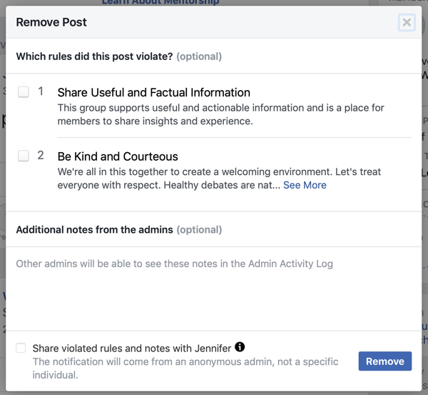 Cum să vă îmbunătățiți comunitatea de grup Facebook, exemplu de opțiune Facebook pentru a identifica ce reguli a încălcat o postare, precum și opțiunea de a notifica membrul