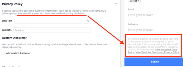 Exemplu de politică de confidențialitate inclusă în opțiunile unei campanii de publicitate pe Facebook.