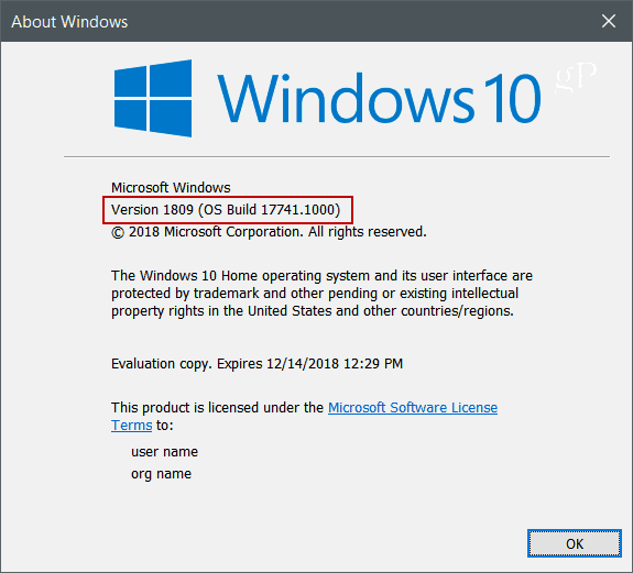 Winver Windows 10 Versiunea 1809
