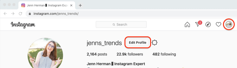 captură de ecran a unui profil instagram cu butonul „Editați profilul” evidențiat